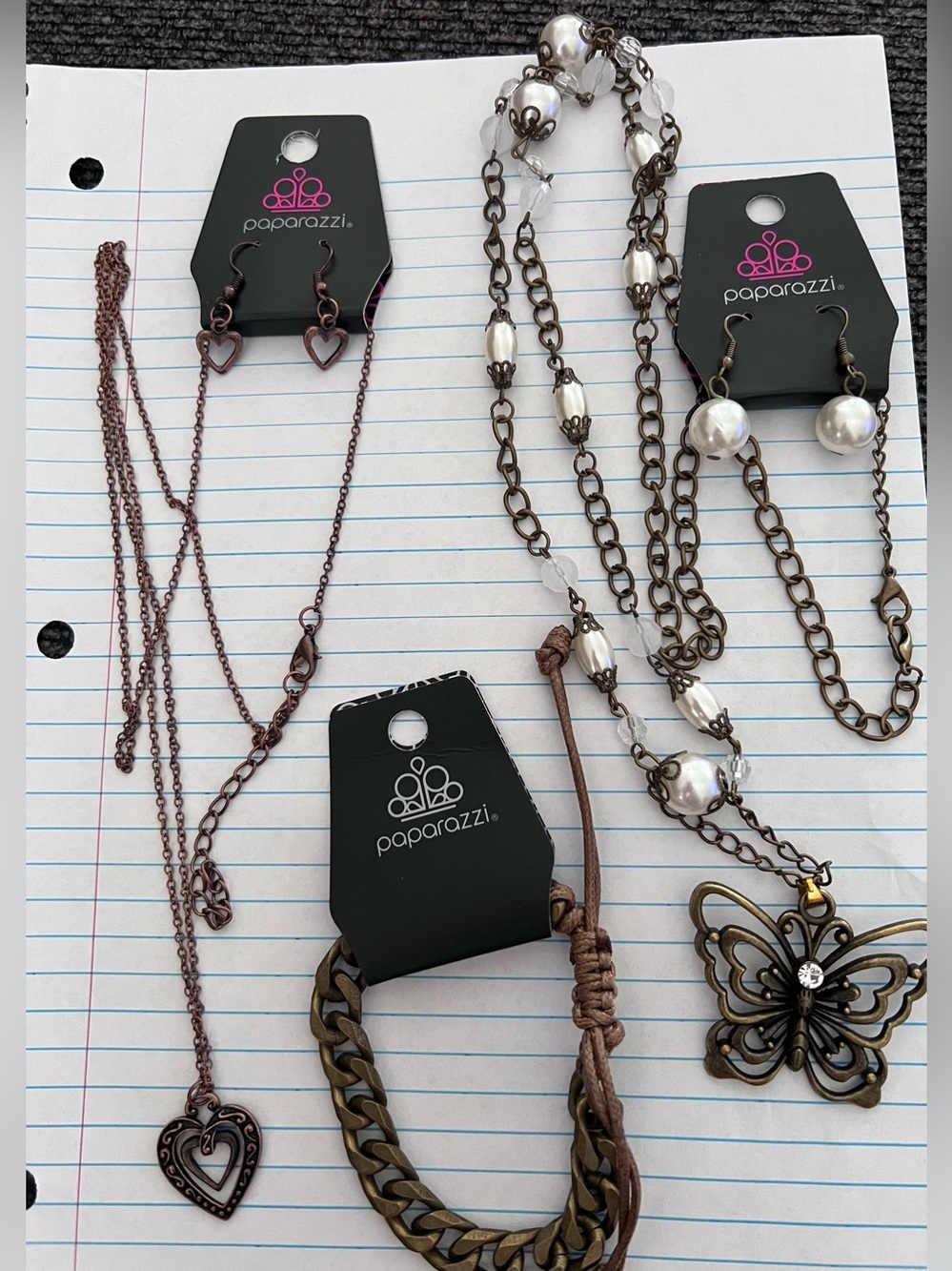 Paparazzi Bronze & Pearl Necklace Set with Heart & Butterfly Charms